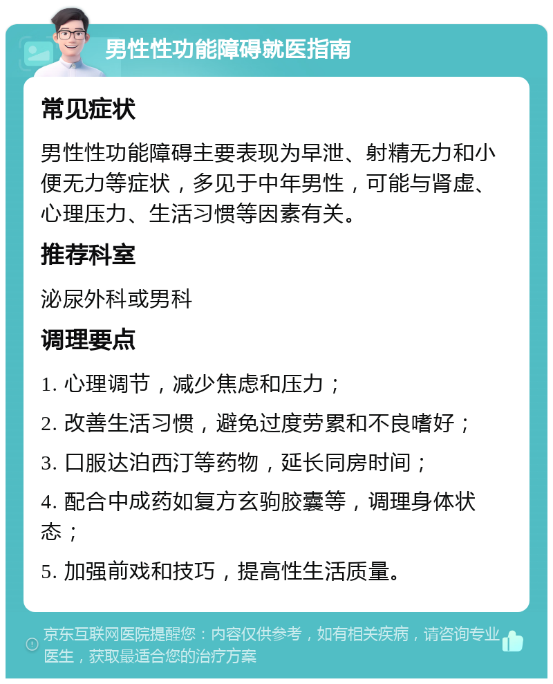 男性性功能障碍就医指南 常见症状 男性性功能障碍主要表现为早泄、射精无力和小便无力等症状，多见于中年男性，可能与肾虚、心理压力、生活习惯等因素有关。 推荐科室 泌尿外科或男科 调理要点 1. 心理调节，减少焦虑和压力； 2. 改善生活习惯，避免过度劳累和不良嗜好； 3. 口服达泊西汀等药物，延长同房时间； 4. 配合中成药如复方玄驹胶囊等，调理身体状态； 5. 加强前戏和技巧，提高性生活质量。