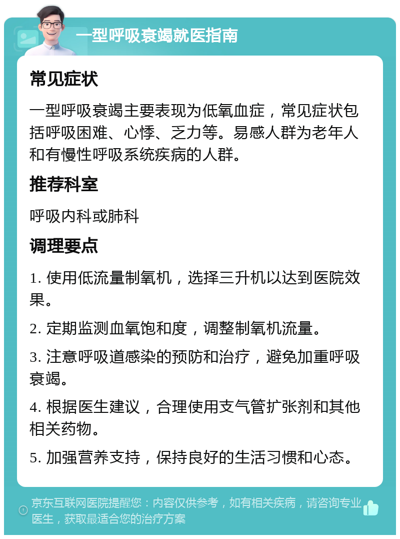 一型呼吸衰竭就医指南 常见症状 一型呼吸衰竭主要表现为低氧血症，常见症状包括呼吸困难、心悸、乏力等。易感人群为老年人和有慢性呼吸系统疾病的人群。 推荐科室 呼吸内科或肺科 调理要点 1. 使用低流量制氧机，选择三升机以达到医院效果。 2. 定期监测血氧饱和度，调整制氧机流量。 3. 注意呼吸道感染的预防和治疗，避免加重呼吸衰竭。 4. 根据医生建议，合理使用支气管扩张剂和其他相关药物。 5. 加强营养支持，保持良好的生活习惯和心态。