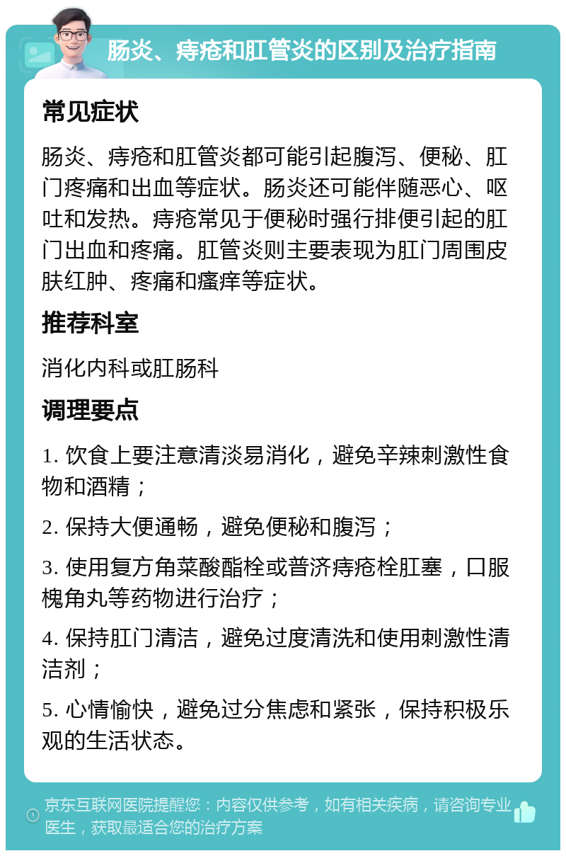 肠炎、痔疮和肛管炎的区别及治疗指南 常见症状 肠炎、痔疮和肛管炎都可能引起腹泻、便秘、肛门疼痛和出血等症状。肠炎还可能伴随恶心、呕吐和发热。痔疮常见于便秘时强行排便引起的肛门出血和疼痛。肛管炎则主要表现为肛门周围皮肤红肿、疼痛和瘙痒等症状。 推荐科室 消化内科或肛肠科 调理要点 1. 饮食上要注意清淡易消化，避免辛辣刺激性食物和酒精； 2. 保持大便通畅，避免便秘和腹泻； 3. 使用复方角菜酸酯栓或普济痔疮栓肛塞，口服槐角丸等药物进行治疗； 4. 保持肛门清洁，避免过度清洗和使用刺激性清洁剂； 5. 心情愉快，避免过分焦虑和紧张，保持积极乐观的生活状态。