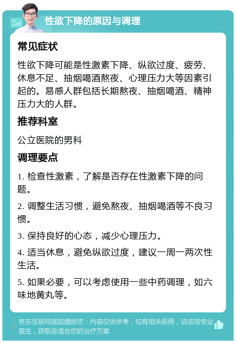 性欲下降的原因与调理 常见症状 性欲下降可能是性激素下降、纵欲过度、疲劳、休息不足、抽烟喝酒熬夜、心理压力大等因素引起的。易感人群包括长期熬夜、抽烟喝酒、精神压力大的人群。 推荐科室 公立医院的男科 调理要点 1. 检查性激素，了解是否存在性激素下降的问题。 2. 调整生活习惯，避免熬夜、抽烟喝酒等不良习惯。 3. 保持良好的心态，减少心理压力。 4. 适当休息，避免纵欲过度，建议一周一两次性生活。 5. 如果必要，可以考虑使用一些中药调理，如六味地黄丸等。