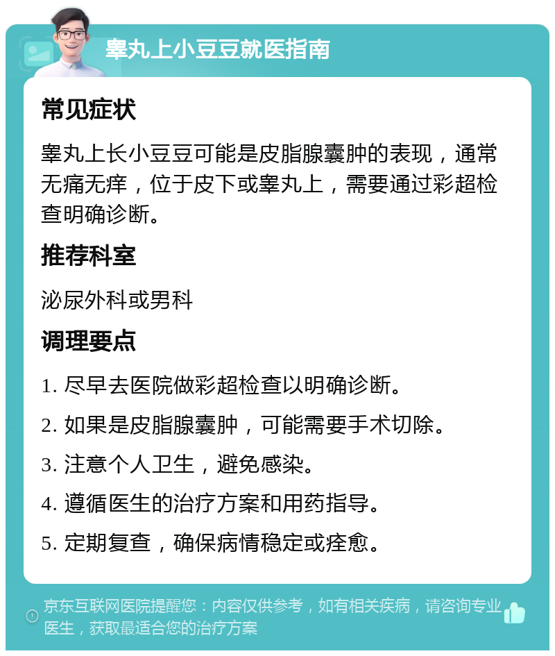 睾丸上小豆豆就医指南 常见症状 睾丸上长小豆豆可能是皮脂腺囊肿的表现，通常无痛无痒，位于皮下或睾丸上，需要通过彩超检查明确诊断。 推荐科室 泌尿外科或男科 调理要点 1. 尽早去医院做彩超检查以明确诊断。 2. 如果是皮脂腺囊肿，可能需要手术切除。 3. 注意个人卫生，避免感染。 4. 遵循医生的治疗方案和用药指导。 5. 定期复查，确保病情稳定或痊愈。