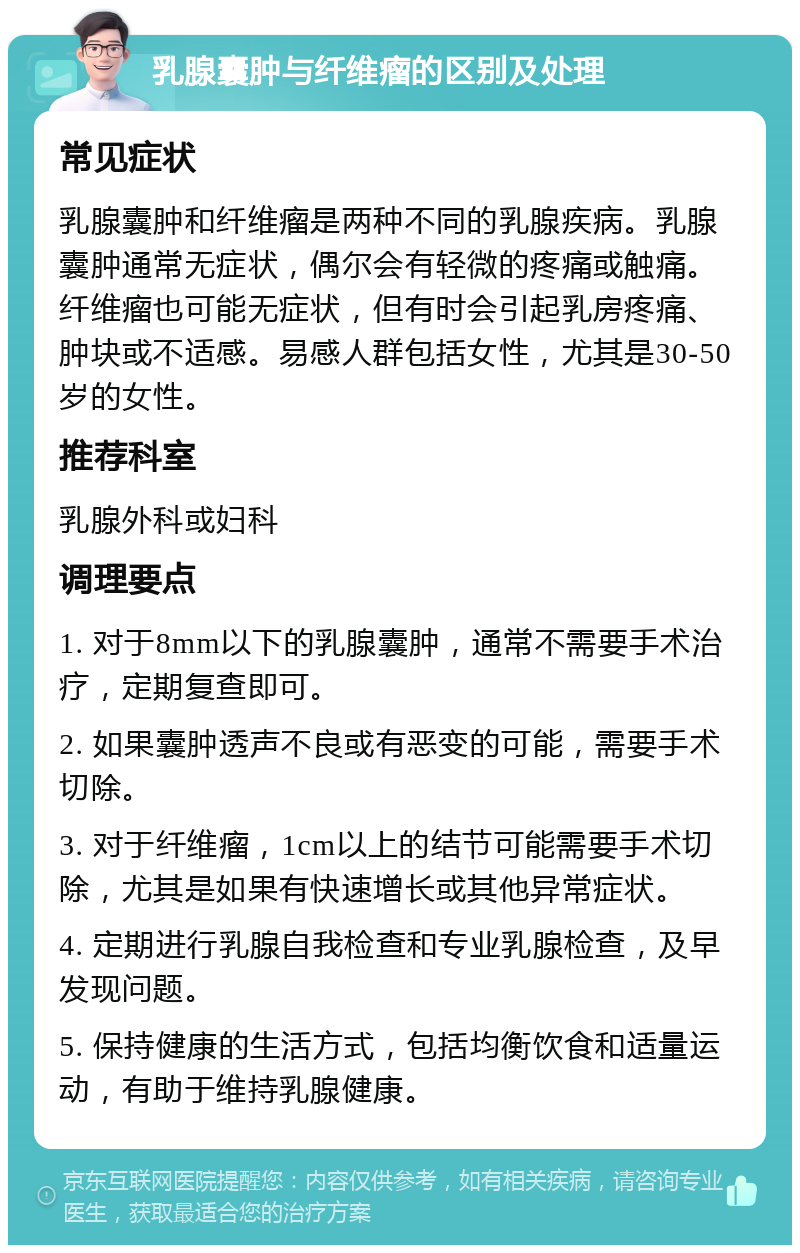 乳腺囊肿与纤维瘤的区别及处理 常见症状 乳腺囊肿和纤维瘤是两种不同的乳腺疾病。乳腺囊肿通常无症状，偶尔会有轻微的疼痛或触痛。纤维瘤也可能无症状，但有时会引起乳房疼痛、肿块或不适感。易感人群包括女性，尤其是30-50岁的女性。 推荐科室 乳腺外科或妇科 调理要点 1. 对于8mm以下的乳腺囊肿，通常不需要手术治疗，定期复查即可。 2. 如果囊肿透声不良或有恶变的可能，需要手术切除。 3. 对于纤维瘤，1cm以上的结节可能需要手术切除，尤其是如果有快速增长或其他异常症状。 4. 定期进行乳腺自我检查和专业乳腺检查，及早发现问题。 5. 保持健康的生活方式，包括均衡饮食和适量运动，有助于维持乳腺健康。