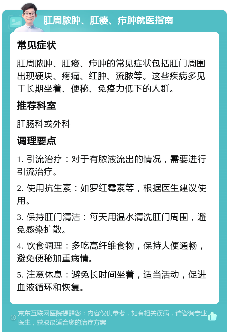 肛周脓肿、肛瘘、疖肿就医指南 常见症状 肛周脓肿、肛瘘、疖肿的常见症状包括肛门周围出现硬块、疼痛、红肿、流脓等。这些疾病多见于长期坐着、便秘、免疫力低下的人群。 推荐科室 肛肠科或外科 调理要点 1. 引流治疗：对于有脓液流出的情况，需要进行引流治疗。 2. 使用抗生素：如罗红霉素等，根据医生建议使用。 3. 保持肛门清洁：每天用温水清洗肛门周围，避免感染扩散。 4. 饮食调理：多吃高纤维食物，保持大便通畅，避免便秘加重病情。 5. 注意休息：避免长时间坐着，适当活动，促进血液循环和恢复。