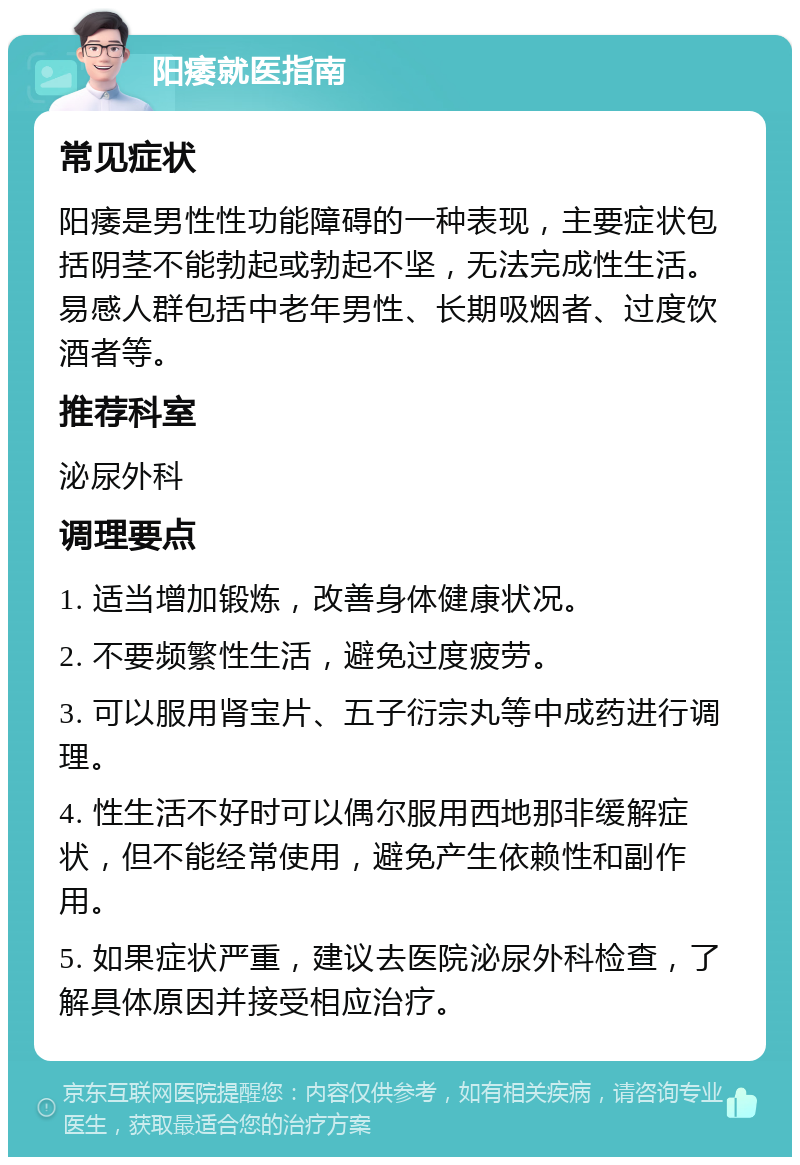 阳痿就医指南 常见症状 阳痿是男性性功能障碍的一种表现，主要症状包括阴茎不能勃起或勃起不坚，无法完成性生活。易感人群包括中老年男性、长期吸烟者、过度饮酒者等。 推荐科室 泌尿外科 调理要点 1. 适当增加锻炼，改善身体健康状况。 2. 不要频繁性生活，避免过度疲劳。 3. 可以服用肾宝片、五子衍宗丸等中成药进行调理。 4. 性生活不好时可以偶尔服用西地那非缓解症状，但不能经常使用，避免产生依赖性和副作用。 5. 如果症状严重，建议去医院泌尿外科检查，了解具体原因并接受相应治疗。