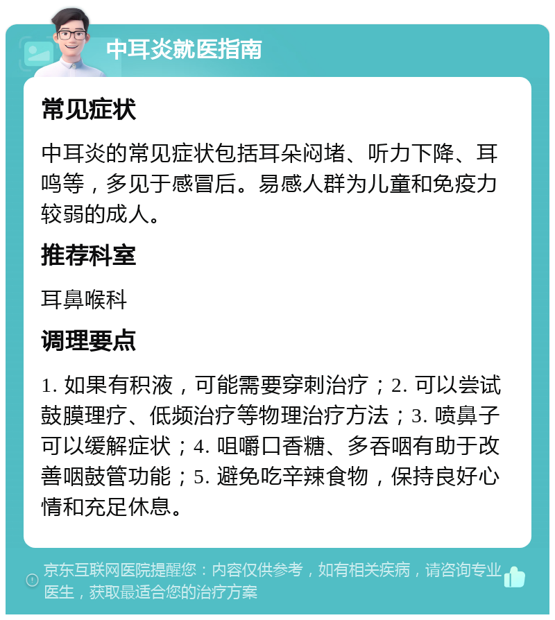 中耳炎就医指南 常见症状 中耳炎的常见症状包括耳朵闷堵、听力下降、耳鸣等，多见于感冒后。易感人群为儿童和免疫力较弱的成人。 推荐科室 耳鼻喉科 调理要点 1. 如果有积液，可能需要穿刺治疗；2. 可以尝试鼓膜理疗、低频治疗等物理治疗方法；3. 喷鼻子可以缓解症状；4. 咀嚼口香糖、多吞咽有助于改善咽鼓管功能；5. 避免吃辛辣食物，保持良好心情和充足休息。