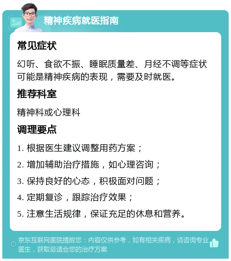 精神疾病就医指南 常见症状 幻听、食欲不振、睡眠质量差、月经不调等症状可能是精神疾病的表现，需要及时就医。 推荐科室 精神科或心理科 调理要点 1. 根据医生建议调整用药方案； 2. 增加辅助治疗措施，如心理咨询； 3. 保持良好的心态，积极面对问题； 4. 定期复诊，跟踪治疗效果； 5. 注意生活规律，保证充足的休息和营养。