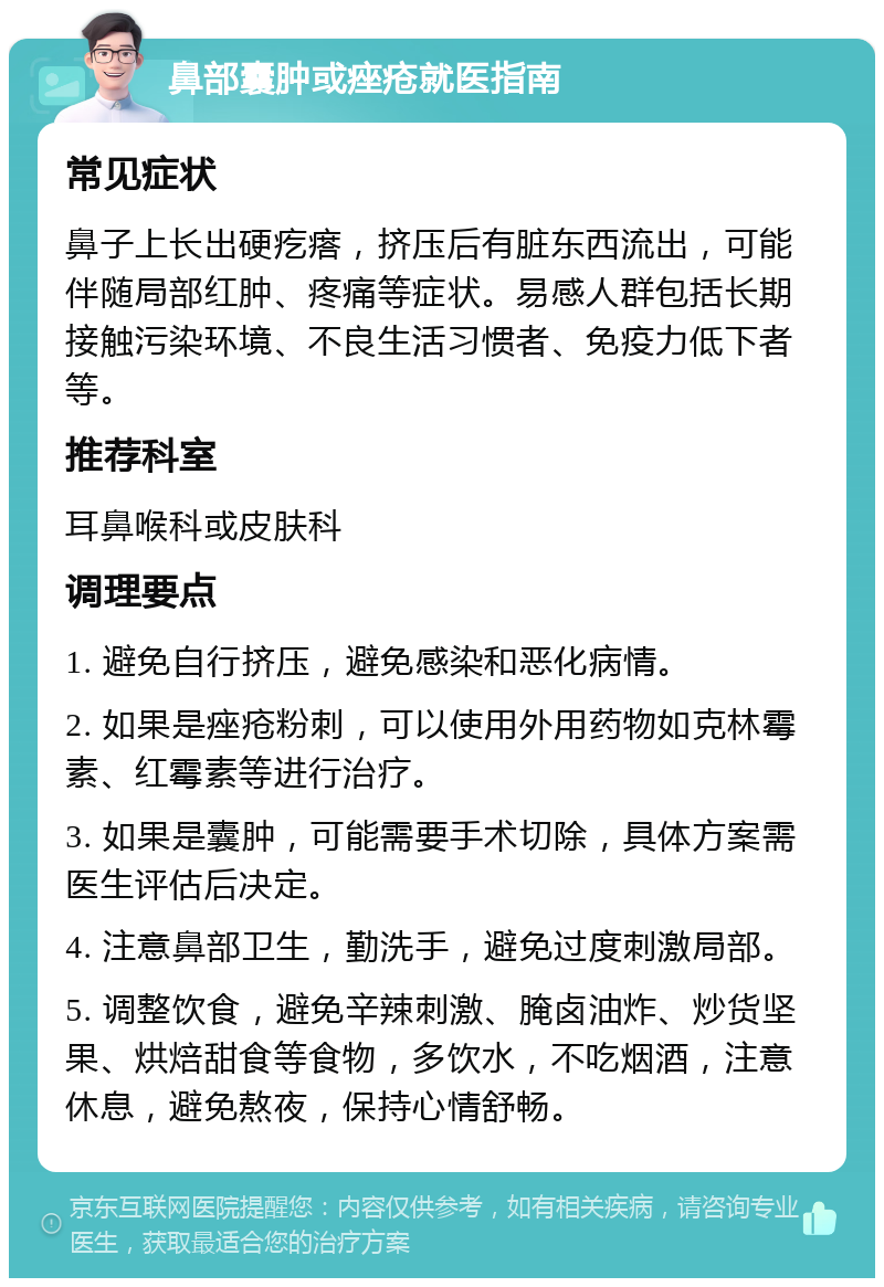 鼻部囊肿或痤疮就医指南 常见症状 鼻子上长出硬疙瘩，挤压后有脏东西流出，可能伴随局部红肿、疼痛等症状。易感人群包括长期接触污染环境、不良生活习惯者、免疫力低下者等。 推荐科室 耳鼻喉科或皮肤科 调理要点 1. 避免自行挤压，避免感染和恶化病情。 2. 如果是痤疮粉刺，可以使用外用药物如克林霉素、红霉素等进行治疗。 3. 如果是囊肿，可能需要手术切除，具体方案需医生评估后决定。 4. 注意鼻部卫生，勤洗手，避免过度刺激局部。 5. 调整饮食，避免辛辣刺激、腌卤油炸、炒货坚果、烘焙甜食等食物，多饮水，不吃烟酒，注意休息，避免熬夜，保持心情舒畅。