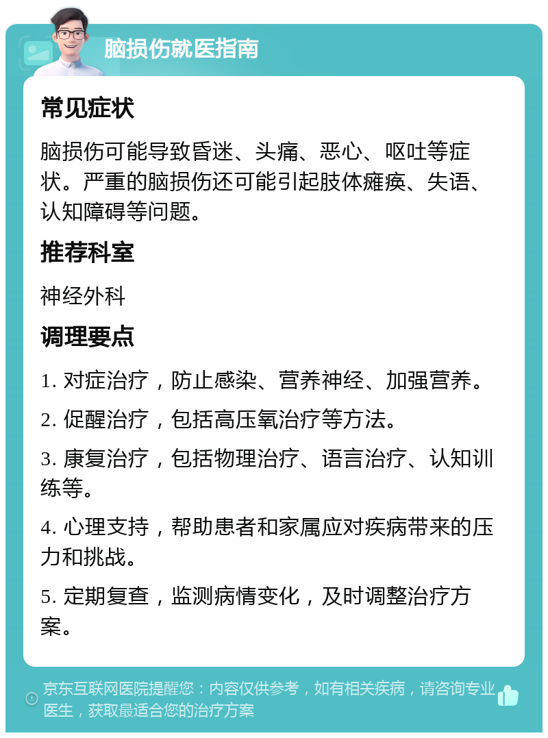 脑损伤就医指南 常见症状 脑损伤可能导致昏迷、头痛、恶心、呕吐等症状。严重的脑损伤还可能引起肢体瘫痪、失语、认知障碍等问题。 推荐科室 神经外科 调理要点 1. 对症治疗，防止感染、营养神经、加强营养。 2. 促醒治疗，包括高压氧治疗等方法。 3. 康复治疗，包括物理治疗、语言治疗、认知训练等。 4. 心理支持，帮助患者和家属应对疾病带来的压力和挑战。 5. 定期复查，监测病情变化，及时调整治疗方案。