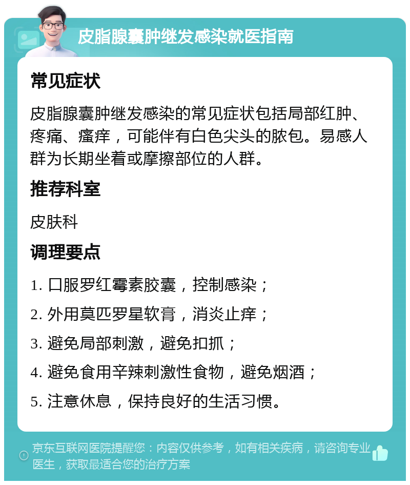 皮脂腺囊肿继发感染就医指南 常见症状 皮脂腺囊肿继发感染的常见症状包括局部红肿、疼痛、瘙痒，可能伴有白色尖头的脓包。易感人群为长期坐着或摩擦部位的人群。 推荐科室 皮肤科 调理要点 1. 口服罗红霉素胶囊，控制感染； 2. 外用莫匹罗星软膏，消炎止痒； 3. 避免局部刺激，避免扣抓； 4. 避免食用辛辣刺激性食物，避免烟酒； 5. 注意休息，保持良好的生活习惯。