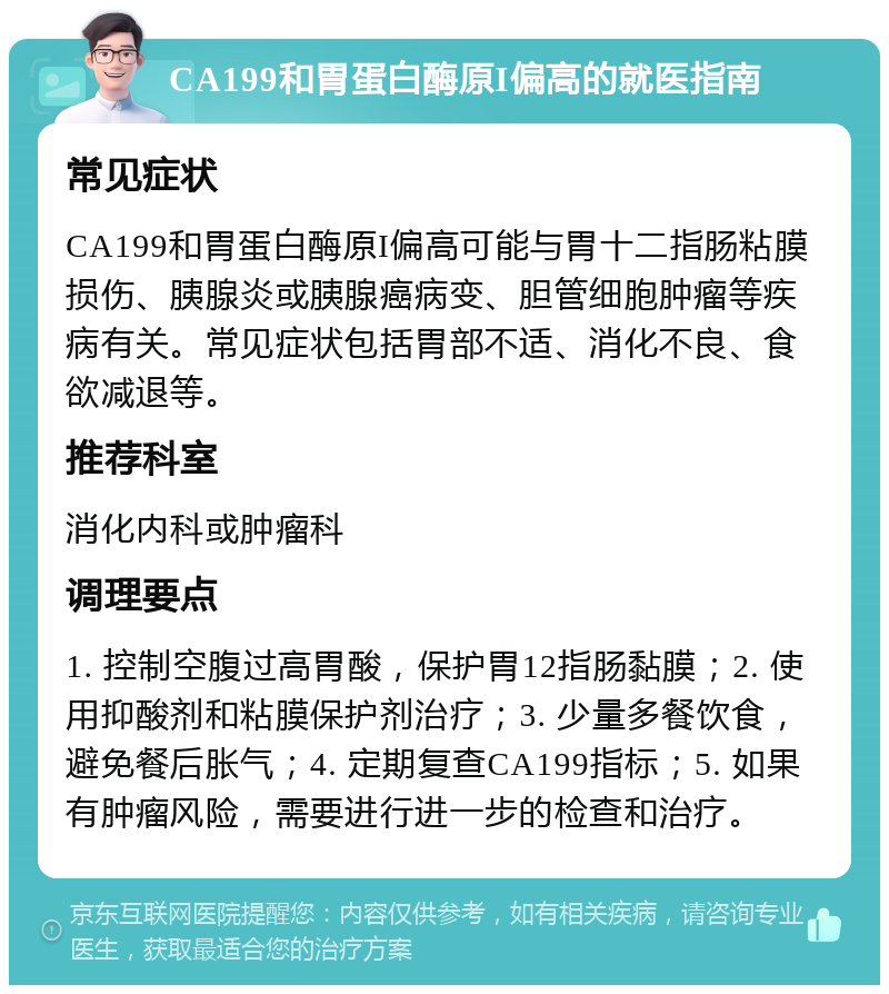 CA199和胃蛋白酶原I偏高的就医指南 常见症状 CA199和胃蛋白酶原I偏高可能与胃十二指肠粘膜损伤、胰腺炎或胰腺癌病变、胆管细胞肿瘤等疾病有关。常见症状包括胃部不适、消化不良、食欲减退等。 推荐科室 消化内科或肿瘤科 调理要点 1. 控制空腹过高胃酸，保护胃12指肠黏膜；2. 使用抑酸剂和粘膜保护剂治疗；3. 少量多餐饮食，避免餐后胀气；4. 定期复查CA199指标；5. 如果有肿瘤风险，需要进行进一步的检查和治疗。