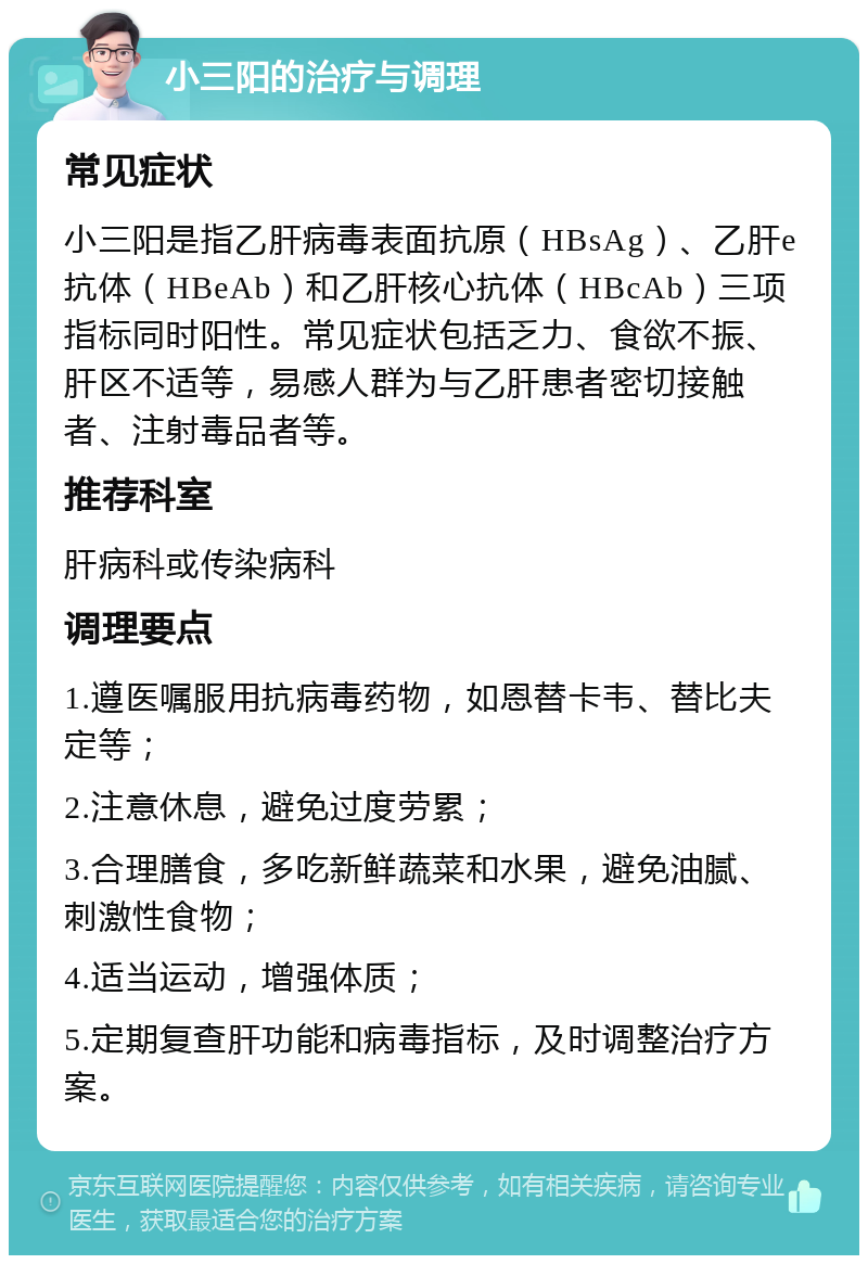 小三阳的治疗与调理 常见症状 小三阳是指乙肝病毒表面抗原（HBsAg）、乙肝e抗体（HBeAb）和乙肝核心抗体（HBcAb）三项指标同时阳性。常见症状包括乏力、食欲不振、肝区不适等，易感人群为与乙肝患者密切接触者、注射毒品者等。 推荐科室 肝病科或传染病科 调理要点 1.遵医嘱服用抗病毒药物，如恩替卡韦、替比夫定等； 2.注意休息，避免过度劳累； 3.合理膳食，多吃新鲜蔬菜和水果，避免油腻、刺激性食物； 4.适当运动，增强体质； 5.定期复查肝功能和病毒指标，及时调整治疗方案。