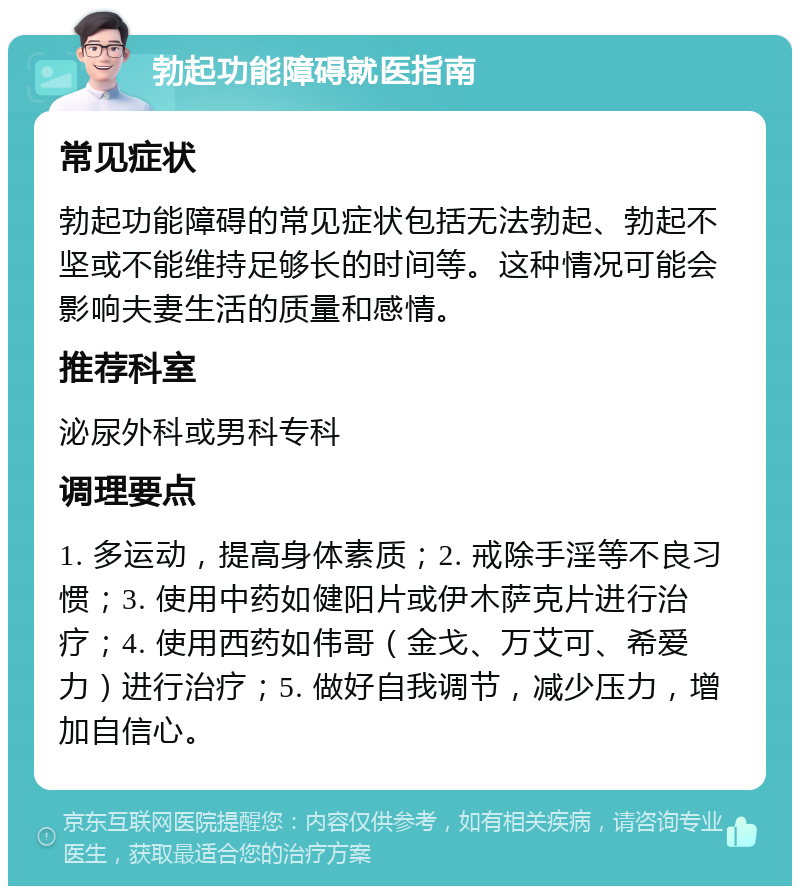 勃起功能障碍就医指南 常见症状 勃起功能障碍的常见症状包括无法勃起、勃起不坚或不能维持足够长的时间等。这种情况可能会影响夫妻生活的质量和感情。 推荐科室 泌尿外科或男科专科 调理要点 1. 多运动，提高身体素质；2. 戒除手淫等不良习惯；3. 使用中药如健阳片或伊木萨克片进行治疗；4. 使用西药如伟哥（金戈、万艾可、希爱力）进行治疗；5. 做好自我调节，减少压力，增加自信心。