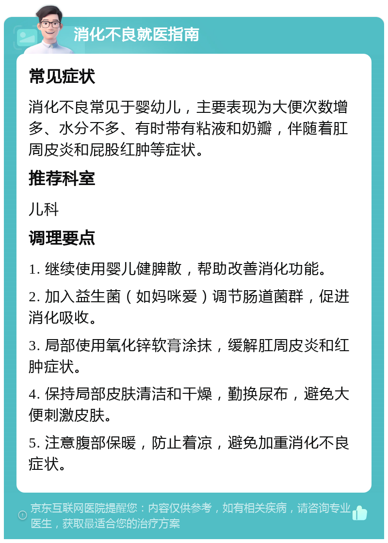 消化不良就医指南 常见症状 消化不良常见于婴幼儿，主要表现为大便次数增多、水分不多、有时带有粘液和奶瓣，伴随着肛周皮炎和屁股红肿等症状。 推荐科室 儿科 调理要点 1. 继续使用婴儿健脾散，帮助改善消化功能。 2. 加入益生菌（如妈咪爱）调节肠道菌群，促进消化吸收。 3. 局部使用氧化锌软膏涂抹，缓解肛周皮炎和红肿症状。 4. 保持局部皮肤清洁和干燥，勤换尿布，避免大便刺激皮肤。 5. 注意腹部保暖，防止着凉，避免加重消化不良症状。