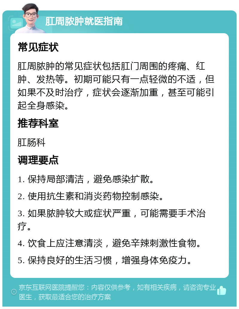 肛周脓肿就医指南 常见症状 肛周脓肿的常见症状包括肛门周围的疼痛、红肿、发热等。初期可能只有一点轻微的不适，但如果不及时治疗，症状会逐渐加重，甚至可能引起全身感染。 推荐科室 肛肠科 调理要点 1. 保持局部清洁，避免感染扩散。 2. 使用抗生素和消炎药物控制感染。 3. 如果脓肿较大或症状严重，可能需要手术治疗。 4. 饮食上应注意清淡，避免辛辣刺激性食物。 5. 保持良好的生活习惯，增强身体免疫力。