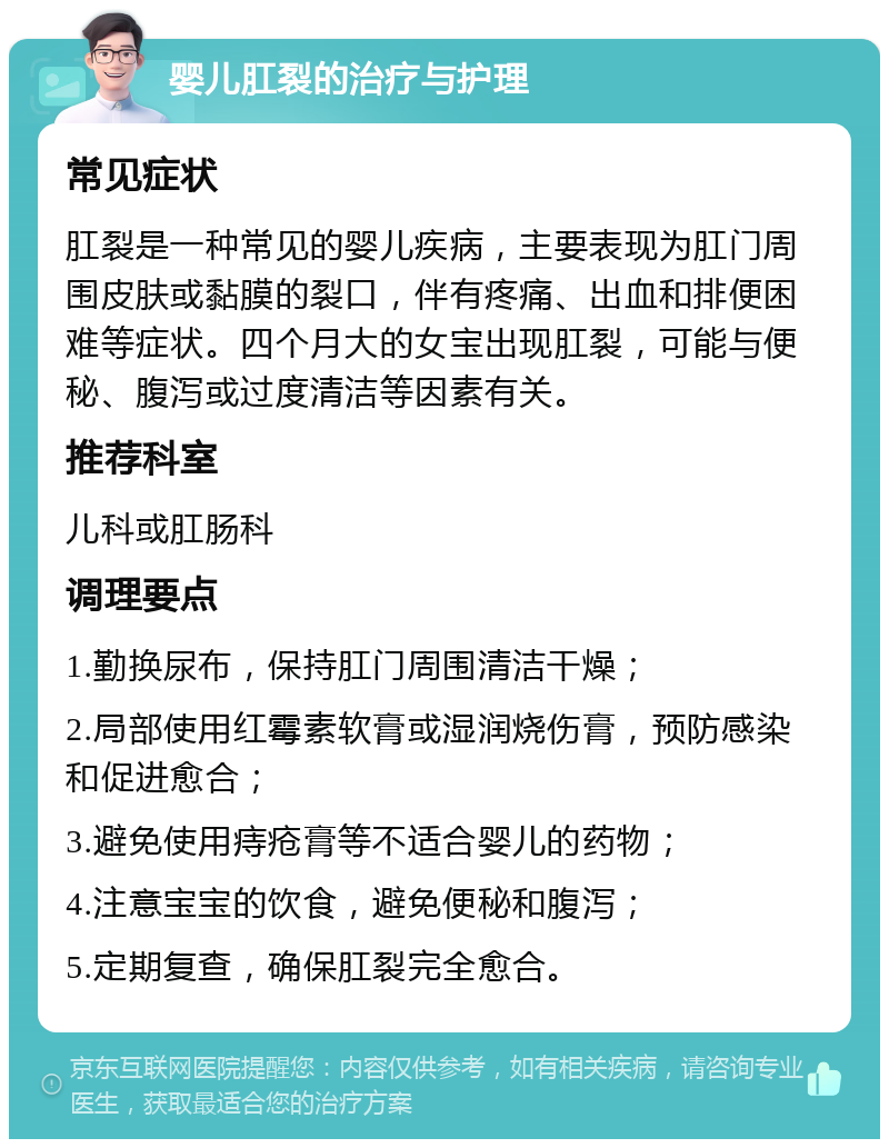 婴儿肛裂的治疗与护理 常见症状 肛裂是一种常见的婴儿疾病，主要表现为肛门周围皮肤或黏膜的裂口，伴有疼痛、出血和排便困难等症状。四个月大的女宝出现肛裂，可能与便秘、腹泻或过度清洁等因素有关。 推荐科室 儿科或肛肠科 调理要点 1.勤换尿布，保持肛门周围清洁干燥； 2.局部使用红霉素软膏或湿润烧伤膏，预防感染和促进愈合； 3.避免使用痔疮膏等不适合婴儿的药物； 4.注意宝宝的饮食，避免便秘和腹泻； 5.定期复查，确保肛裂完全愈合。