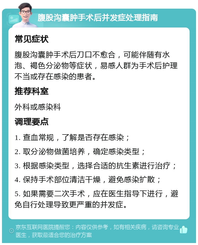 腹股沟囊肿手术后并发症处理指南 常见症状 腹股沟囊肿手术后刀口不愈合，可能伴随有水泡、褐色分泌物等症状，易感人群为手术后护理不当或存在感染的患者。 推荐科室 外科或感染科 调理要点 1. 查血常规，了解是否存在感染； 2. 取分泌物做菌培养，确定感染类型； 3. 根据感染类型，选择合适的抗生素进行治疗； 4. 保持手术部位清洁干燥，避免感染扩散； 5. 如果需要二次手术，应在医生指导下进行，避免自行处理导致更严重的并发症。