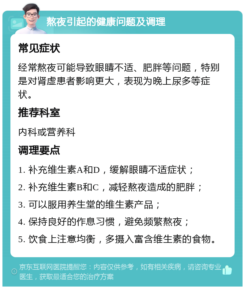 熬夜引起的健康问题及调理 常见症状 经常熬夜可能导致眼睛不适、肥胖等问题，特别是对肾虚患者影响更大，表现为晚上尿多等症状。 推荐科室 内科或营养科 调理要点 1. 补充维生素A和D，缓解眼睛不适症状； 2. 补充维生素B和C，减轻熬夜造成的肥胖； 3. 可以服用养生堂的维生素产品； 4. 保持良好的作息习惯，避免频繁熬夜； 5. 饮食上注意均衡，多摄入富含维生素的食物。