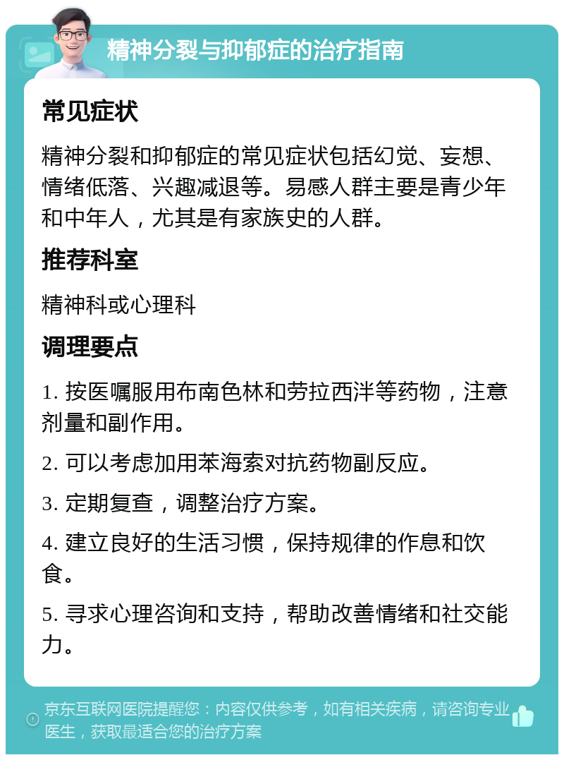 精神分裂与抑郁症的治疗指南 常见症状 精神分裂和抑郁症的常见症状包括幻觉、妄想、情绪低落、兴趣减退等。易感人群主要是青少年和中年人，尤其是有家族史的人群。 推荐科室 精神科或心理科 调理要点 1. 按医嘱服用布南色林和劳拉西泮等药物，注意剂量和副作用。 2. 可以考虑加用苯海索对抗药物副反应。 3. 定期复查，调整治疗方案。 4. 建立良好的生活习惯，保持规律的作息和饮食。 5. 寻求心理咨询和支持，帮助改善情绪和社交能力。