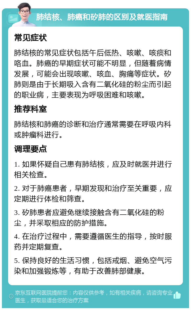 肺结核、肺癌和矽肺的区别及就医指南 常见症状 肺结核的常见症状包括午后低热、咳嗽、咳痰和咯血。肺癌的早期症状可能不明显，但随着病情发展，可能会出现咳嗽、咳血、胸痛等症状。矽肺则是由于长期吸入含有二氧化硅的粉尘而引起的职业病，主要表现为呼吸困难和咳嗽。 推荐科室 肺结核和肺癌的诊断和治疗通常需要在呼吸内科或肿瘤科进行。 调理要点 1. 如果怀疑自己患有肺结核，应及时就医并进行相关检查。 2. 对于肺癌患者，早期发现和治疗至关重要，应定期进行体检和筛查。 3. 矽肺患者应避免继续接触含有二氧化硅的粉尘，并采取相应的防护措施。 4. 在治疗过程中，需要遵循医生的指导，按时服药并定期复查。 5. 保持良好的生活习惯，包括戒烟、避免空气污染和加强锻炼等，有助于改善肺部健康。