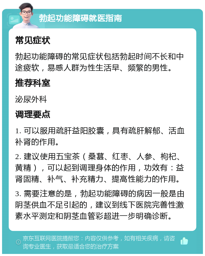 勃起功能障碍就医指南 常见症状 勃起功能障碍的常见症状包括勃起时间不长和中途疲软，易感人群为性生活早、频繁的男性。 推荐科室 泌尿外科 调理要点 1. 可以服用疏肝益阳胶囊，具有疏肝解郁、活血补肾的作用。 2. 建议使用五宝茶（桑葚、红枣、人参、枸杞、黄精），可以起到调理身体的作用，功效有：益肾固精、补气、补充精力、提高性能力的作用。 3. 需要注意的是，勃起功能障碍的病因一般是由阴茎供血不足引起的，建议到线下医院完善性激素水平测定和阴茎血管彩超进一步明确诊断。