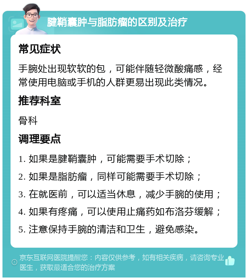 腱鞘囊肿与脂肪瘤的区别及治疗 常见症状 手腕处出现软软的包，可能伴随轻微酸痛感，经常使用电脑或手机的人群更易出现此类情况。 推荐科室 骨科 调理要点 1. 如果是腱鞘囊肿，可能需要手术切除； 2. 如果是脂肪瘤，同样可能需要手术切除； 3. 在就医前，可以适当休息，减少手腕的使用； 4. 如果有疼痛，可以使用止痛药如布洛芬缓解； 5. 注意保持手腕的清洁和卫生，避免感染。