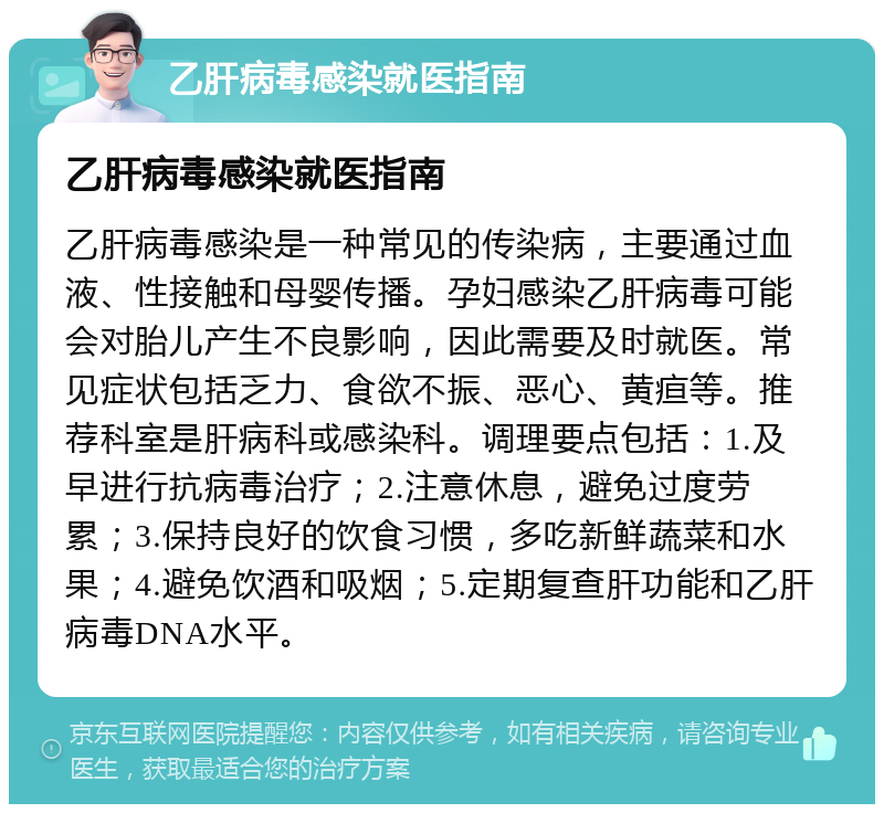 乙肝病毒感染就医指南 乙肝病毒感染就医指南 乙肝病毒感染是一种常见的传染病，主要通过血液、性接触和母婴传播。孕妇感染乙肝病毒可能会对胎儿产生不良影响，因此需要及时就医。常见症状包括乏力、食欲不振、恶心、黄疸等。推荐科室是肝病科或感染科。调理要点包括：1.及早进行抗病毒治疗；2.注意休息，避免过度劳累；3.保持良好的饮食习惯，多吃新鲜蔬菜和水果；4.避免饮酒和吸烟；5.定期复查肝功能和乙肝病毒DNA水平。