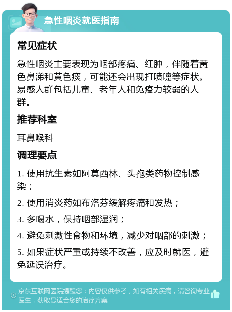 急性咽炎就医指南 常见症状 急性咽炎主要表现为咽部疼痛、红肿，伴随着黄色鼻涕和黄色痰，可能还会出现打喷嚏等症状。易感人群包括儿童、老年人和免疫力较弱的人群。 推荐科室 耳鼻喉科 调理要点 1. 使用抗生素如阿莫西林、头孢类药物控制感染； 2. 使用消炎药如布洛芬缓解疼痛和发热； 3. 多喝水，保持咽部湿润； 4. 避免刺激性食物和环境，减少对咽部的刺激； 5. 如果症状严重或持续不改善，应及时就医，避免延误治疗。