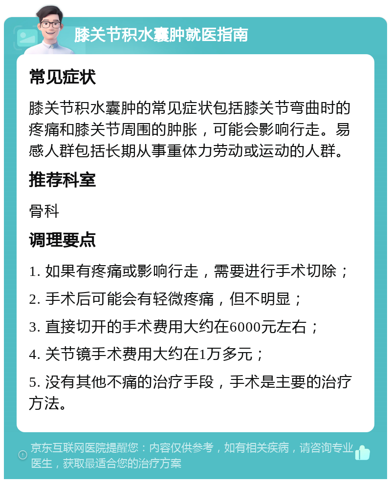 膝关节积水囊肿就医指南 常见症状 膝关节积水囊肿的常见症状包括膝关节弯曲时的疼痛和膝关节周围的肿胀，可能会影响行走。易感人群包括长期从事重体力劳动或运动的人群。 推荐科室 骨科 调理要点 1. 如果有疼痛或影响行走，需要进行手术切除； 2. 手术后可能会有轻微疼痛，但不明显； 3. 直接切开的手术费用大约在6000元左右； 4. 关节镜手术费用大约在1万多元； 5. 没有其他不痛的治疗手段，手术是主要的治疗方法。