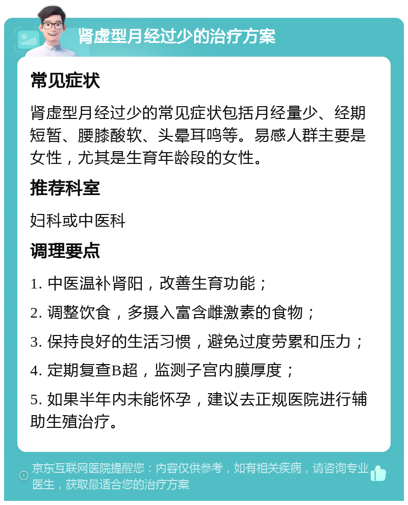 肾虚型月经过少的治疗方案 常见症状 肾虚型月经过少的常见症状包括月经量少、经期短暂、腰膝酸软、头晕耳鸣等。易感人群主要是女性，尤其是生育年龄段的女性。 推荐科室 妇科或中医科 调理要点 1. 中医温补肾阳，改善生育功能； 2. 调整饮食，多摄入富含雌激素的食物； 3. 保持良好的生活习惯，避免过度劳累和压力； 4. 定期复查B超，监测子宫内膜厚度； 5. 如果半年内未能怀孕，建议去正规医院进行辅助生殖治疗。