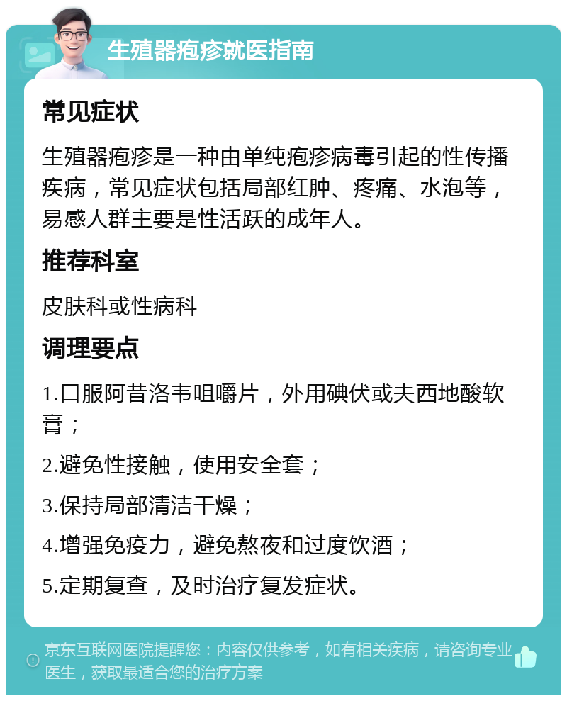 生殖器疱疹就医指南 常见症状 生殖器疱疹是一种由单纯疱疹病毒引起的性传播疾病，常见症状包括局部红肿、疼痛、水泡等，易感人群主要是性活跃的成年人。 推荐科室 皮肤科或性病科 调理要点 1.口服阿昔洛韦咀嚼片，外用碘伏或夫西地酸软膏； 2.避免性接触，使用安全套； 3.保持局部清洁干燥； 4.增强免疫力，避免熬夜和过度饮酒； 5.定期复查，及时治疗复发症状。