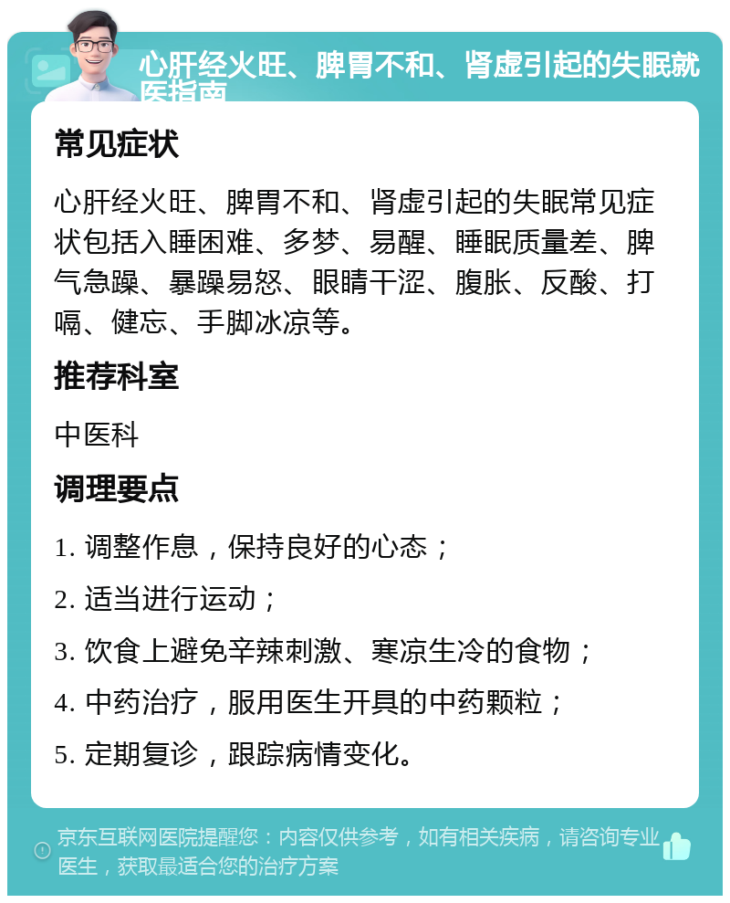 心肝经火旺、脾胃不和、肾虚引起的失眠就医指南 常见症状 心肝经火旺、脾胃不和、肾虚引起的失眠常见症状包括入睡困难、多梦、易醒、睡眠质量差、脾气急躁、暴躁易怒、眼睛干涩、腹胀、反酸、打嗝、健忘、手脚冰凉等。 推荐科室 中医科 调理要点 1. 调整作息，保持良好的心态； 2. 适当进行运动； 3. 饮食上避免辛辣刺激、寒凉生冷的食物； 4. 中药治疗，服用医生开具的中药颗粒； 5. 定期复诊，跟踪病情变化。