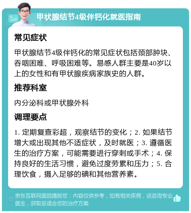 甲状腺结节4级伴钙化就医指南 常见症状 甲状腺结节4级伴钙化的常见症状包括颈部肿块、吞咽困难、呼吸困难等。易感人群主要是40岁以上的女性和有甲状腺疾病家族史的人群。 推荐科室 内分泌科或甲状腺外科 调理要点 1. 定期复查彩超，观察结节的变化；2. 如果结节增大或出现其他不适症状，及时就医；3. 遵循医生的治疗方案，可能需要进行穿刺或手术；4. 保持良好的生活习惯，避免过度劳累和压力；5. 合理饮食，摄入足够的碘和其他营养素。