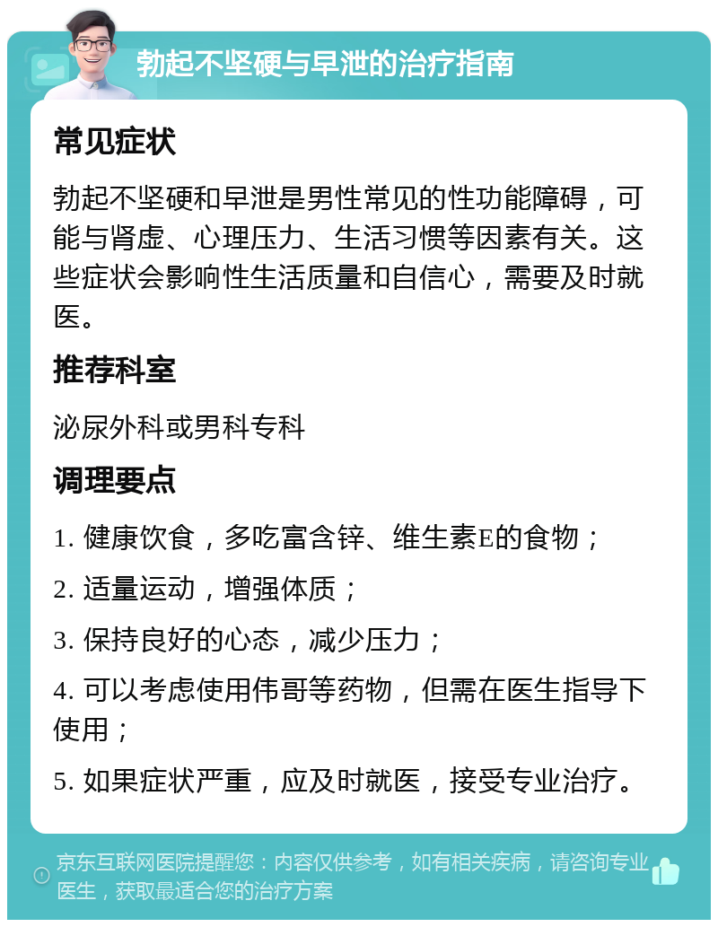 勃起不坚硬与早泄的治疗指南 常见症状 勃起不坚硬和早泄是男性常见的性功能障碍，可能与肾虚、心理压力、生活习惯等因素有关。这些症状会影响性生活质量和自信心，需要及时就医。 推荐科室 泌尿外科或男科专科 调理要点 1. 健康饮食，多吃富含锌、维生素E的食物； 2. 适量运动，增强体质； 3. 保持良好的心态，减少压力； 4. 可以考虑使用伟哥等药物，但需在医生指导下使用； 5. 如果症状严重，应及时就医，接受专业治疗。