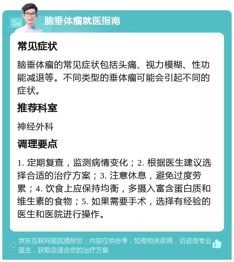 脑垂体瘤就医指南 常见症状 脑垂体瘤的常见症状包括头痛、视力模糊、性功能减退等。不同类型的垂体瘤可能会引起不同的症状。 推荐科室 神经外科 调理要点 1. 定期复查，监测病情变化；2. 根据医生建议选择合适的治疗方案；3. 注意休息，避免过度劳累；4. 饮食上应保持均衡，多摄入富含蛋白质和维生素的食物；5. 如果需要手术，选择有经验的医生和医院进行操作。