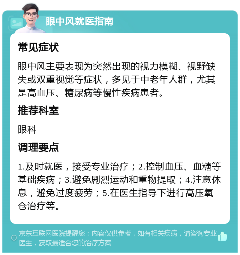 眼中风就医指南 常见症状 眼中风主要表现为突然出现的视力模糊、视野缺失或双重视觉等症状，多见于中老年人群，尤其是高血压、糖尿病等慢性疾病患者。 推荐科室 眼科 调理要点 1.及时就医，接受专业治疗；2.控制血压、血糖等基础疾病；3.避免剧烈运动和重物提取；4.注意休息，避免过度疲劳；5.在医生指导下进行高压氧仓治疗等。