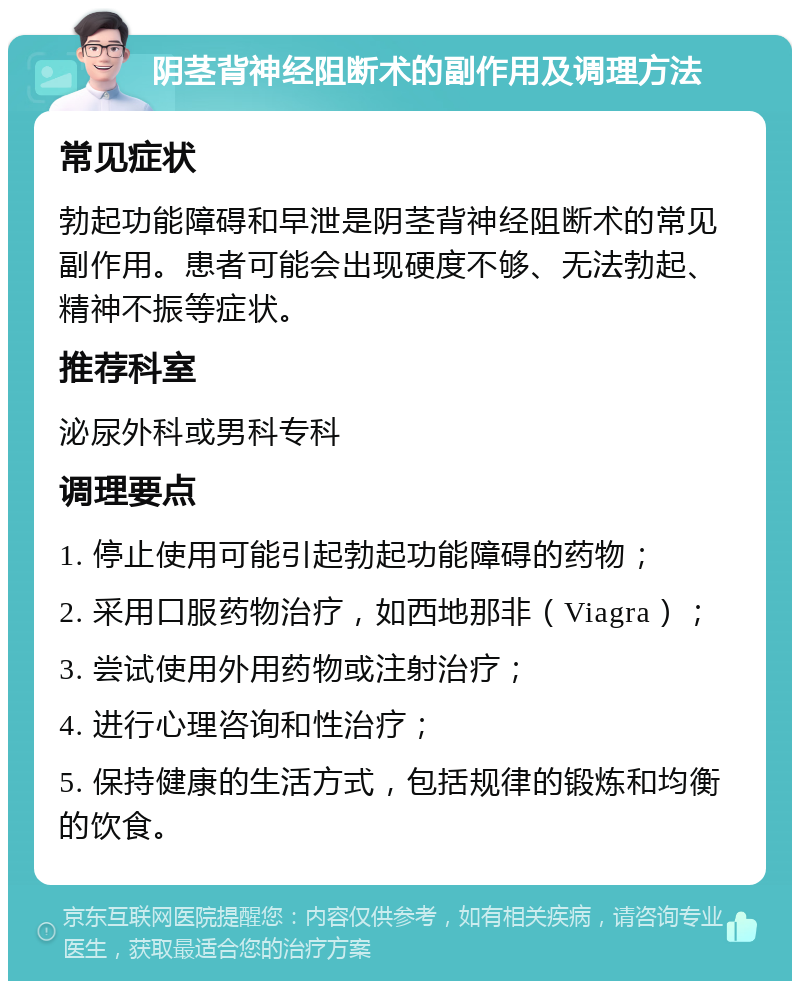 阴茎背神经阻断术的副作用及调理方法 常见症状 勃起功能障碍和早泄是阴茎背神经阻断术的常见副作用。患者可能会出现硬度不够、无法勃起、精神不振等症状。 推荐科室 泌尿外科或男科专科 调理要点 1. 停止使用可能引起勃起功能障碍的药物； 2. 采用口服药物治疗，如西地那非（Viagra）； 3. 尝试使用外用药物或注射治疗； 4. 进行心理咨询和性治疗； 5. 保持健康的生活方式，包括规律的锻炼和均衡的饮食。