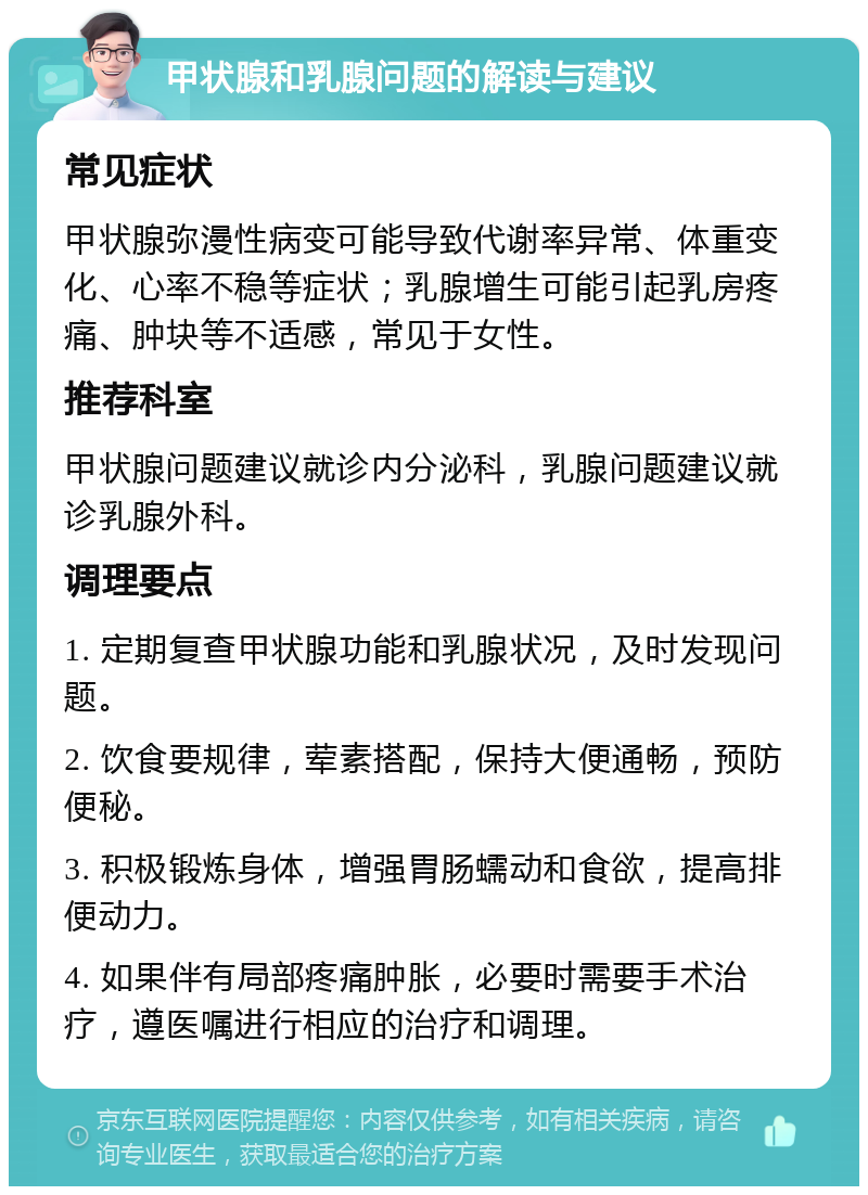 甲状腺和乳腺问题的解读与建议 常见症状 甲状腺弥漫性病变可能导致代谢率异常、体重变化、心率不稳等症状；乳腺增生可能引起乳房疼痛、肿块等不适感，常见于女性。 推荐科室 甲状腺问题建议就诊内分泌科，乳腺问题建议就诊乳腺外科。 调理要点 1. 定期复查甲状腺功能和乳腺状况，及时发现问题。 2. 饮食要规律，荤素搭配，保持大便通畅，预防便秘。 3. 积极锻炼身体，增强胃肠蠕动和食欲，提高排便动力。 4. 如果伴有局部疼痛肿胀，必要时需要手术治疗，遵医嘱进行相应的治疗和调理。