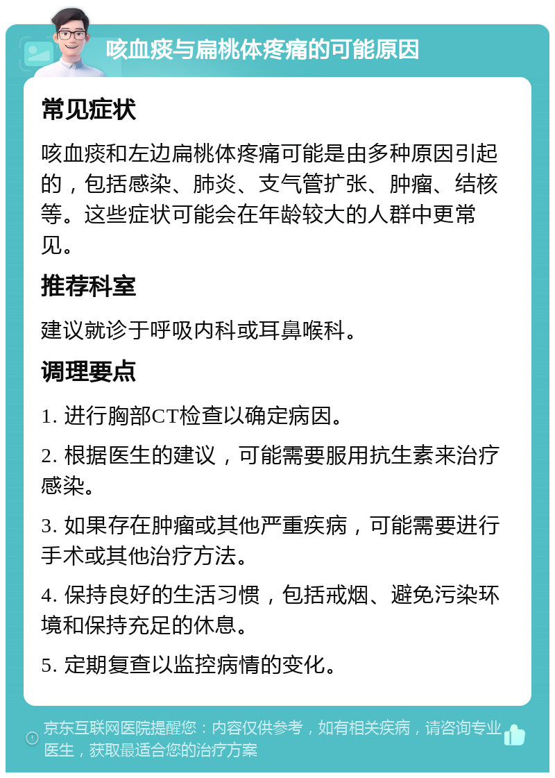 咳血痰与扁桃体疼痛的可能原因 常见症状 咳血痰和左边扁桃体疼痛可能是由多种原因引起的，包括感染、肺炎、支气管扩张、肿瘤、结核等。这些症状可能会在年龄较大的人群中更常见。 推荐科室 建议就诊于呼吸内科或耳鼻喉科。 调理要点 1. 进行胸部CT检查以确定病因。 2. 根据医生的建议，可能需要服用抗生素来治疗感染。 3. 如果存在肿瘤或其他严重疾病，可能需要进行手术或其他治疗方法。 4. 保持良好的生活习惯，包括戒烟、避免污染环境和保持充足的休息。 5. 定期复查以监控病情的变化。