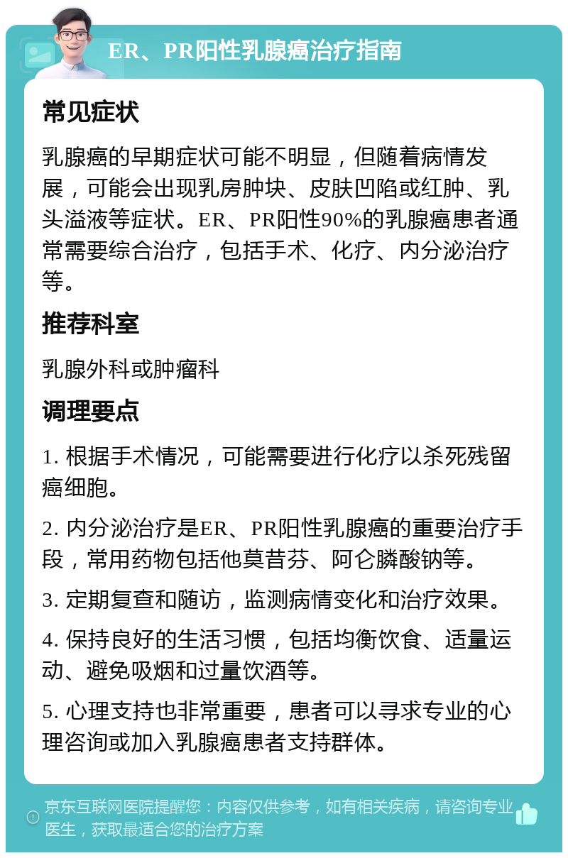 ER、PR阳性乳腺癌治疗指南 常见症状 乳腺癌的早期症状可能不明显，但随着病情发展，可能会出现乳房肿块、皮肤凹陷或红肿、乳头溢液等症状。ER、PR阳性90%的乳腺癌患者通常需要综合治疗，包括手术、化疗、内分泌治疗等。 推荐科室 乳腺外科或肿瘤科 调理要点 1. 根据手术情况，可能需要进行化疗以杀死残留癌细胞。 2. 内分泌治疗是ER、PR阳性乳腺癌的重要治疗手段，常用药物包括他莫昔芬、阿仑膦酸钠等。 3. 定期复查和随访，监测病情变化和治疗效果。 4. 保持良好的生活习惯，包括均衡饮食、适量运动、避免吸烟和过量饮酒等。 5. 心理支持也非常重要，患者可以寻求专业的心理咨询或加入乳腺癌患者支持群体。