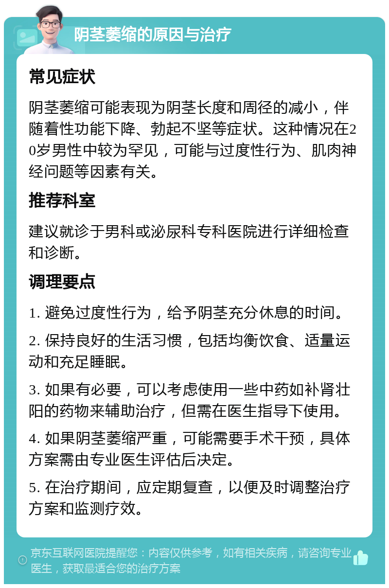 阴茎萎缩的原因与治疗 常见症状 阴茎萎缩可能表现为阴茎长度和周径的减小，伴随着性功能下降、勃起不坚等症状。这种情况在20岁男性中较为罕见，可能与过度性行为、肌肉神经问题等因素有关。 推荐科室 建议就诊于男科或泌尿科专科医院进行详细检查和诊断。 调理要点 1. 避免过度性行为，给予阴茎充分休息的时间。 2. 保持良好的生活习惯，包括均衡饮食、适量运动和充足睡眠。 3. 如果有必要，可以考虑使用一些中药如补肾壮阳的药物来辅助治疗，但需在医生指导下使用。 4. 如果阴茎萎缩严重，可能需要手术干预，具体方案需由专业医生评估后决定。 5. 在治疗期间，应定期复查，以便及时调整治疗方案和监测疗效。