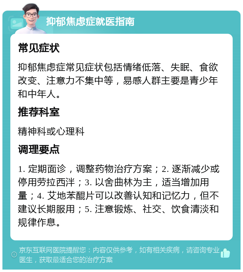 抑郁焦虑症就医指南 常见症状 抑郁焦虑症常见症状包括情绪低落、失眠、食欲改变、注意力不集中等，易感人群主要是青少年和中年人。 推荐科室 精神科或心理科 调理要点 1. 定期面诊，调整药物治疗方案；2. 逐渐减少或停用劳拉西泮；3. 以舍曲林为主，适当增加用量；4. 艾地苯醌片可以改善认知和记忆力，但不建议长期服用；5. 注意锻炼、社交、饮食清淡和规律作息。