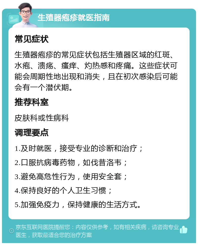 生殖器疱疹就医指南 常见症状 生殖器疱疹的常见症状包括生殖器区域的红斑、水疱、溃疡、瘙痒、灼热感和疼痛。这些症状可能会周期性地出现和消失，且在初次感染后可能会有一个潜伏期。 推荐科室 皮肤科或性病科 调理要点 1.及时就医，接受专业的诊断和治疗； 2.口服抗病毒药物，如伐昔洛韦； 3.避免高危性行为，使用安全套； 4.保持良好的个人卫生习惯； 5.加强免疫力，保持健康的生活方式。