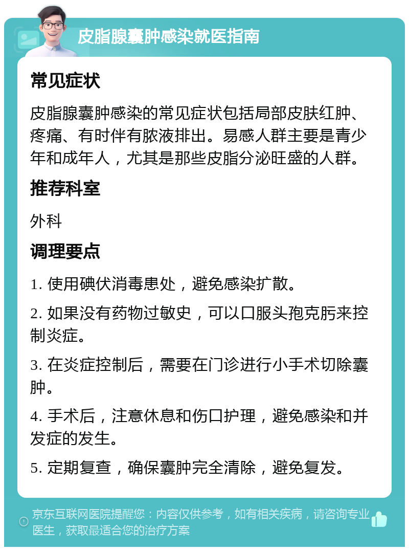 皮脂腺囊肿感染就医指南 常见症状 皮脂腺囊肿感染的常见症状包括局部皮肤红肿、疼痛、有时伴有脓液排出。易感人群主要是青少年和成年人，尤其是那些皮脂分泌旺盛的人群。 推荐科室 外科 调理要点 1. 使用碘伏消毒患处，避免感染扩散。 2. 如果没有药物过敏史，可以口服头孢克肟来控制炎症。 3. 在炎症控制后，需要在门诊进行小手术切除囊肿。 4. 手术后，注意休息和伤口护理，避免感染和并发症的发生。 5. 定期复查，确保囊肿完全清除，避免复发。