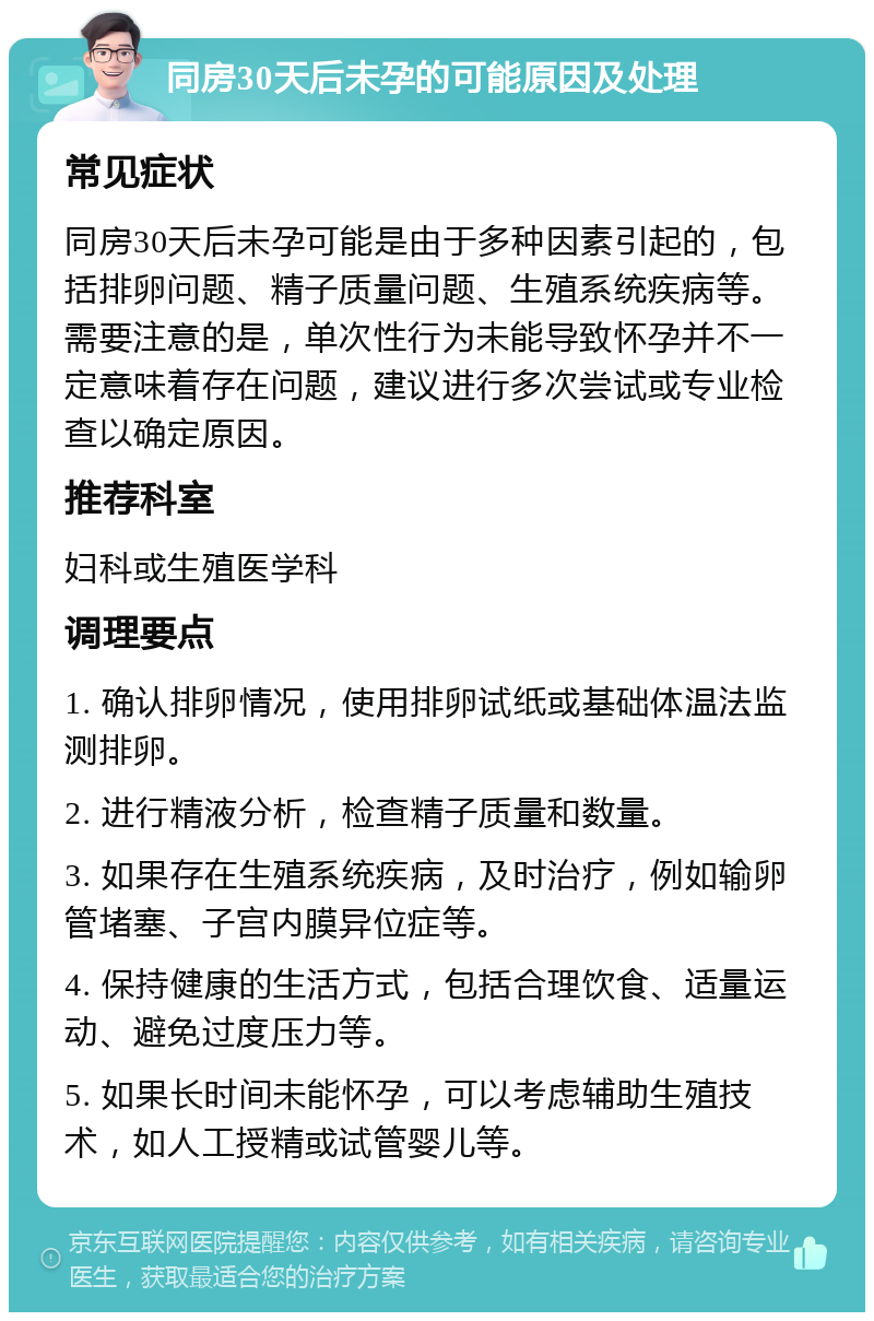 同房30天后未孕的可能原因及处理 常见症状 同房30天后未孕可能是由于多种因素引起的，包括排卵问题、精子质量问题、生殖系统疾病等。需要注意的是，单次性行为未能导致怀孕并不一定意味着存在问题，建议进行多次尝试或专业检查以确定原因。 推荐科室 妇科或生殖医学科 调理要点 1. 确认排卵情况，使用排卵试纸或基础体温法监测排卵。 2. 进行精液分析，检查精子质量和数量。 3. 如果存在生殖系统疾病，及时治疗，例如输卵管堵塞、子宫内膜异位症等。 4. 保持健康的生活方式，包括合理饮食、适量运动、避免过度压力等。 5. 如果长时间未能怀孕，可以考虑辅助生殖技术，如人工授精或试管婴儿等。