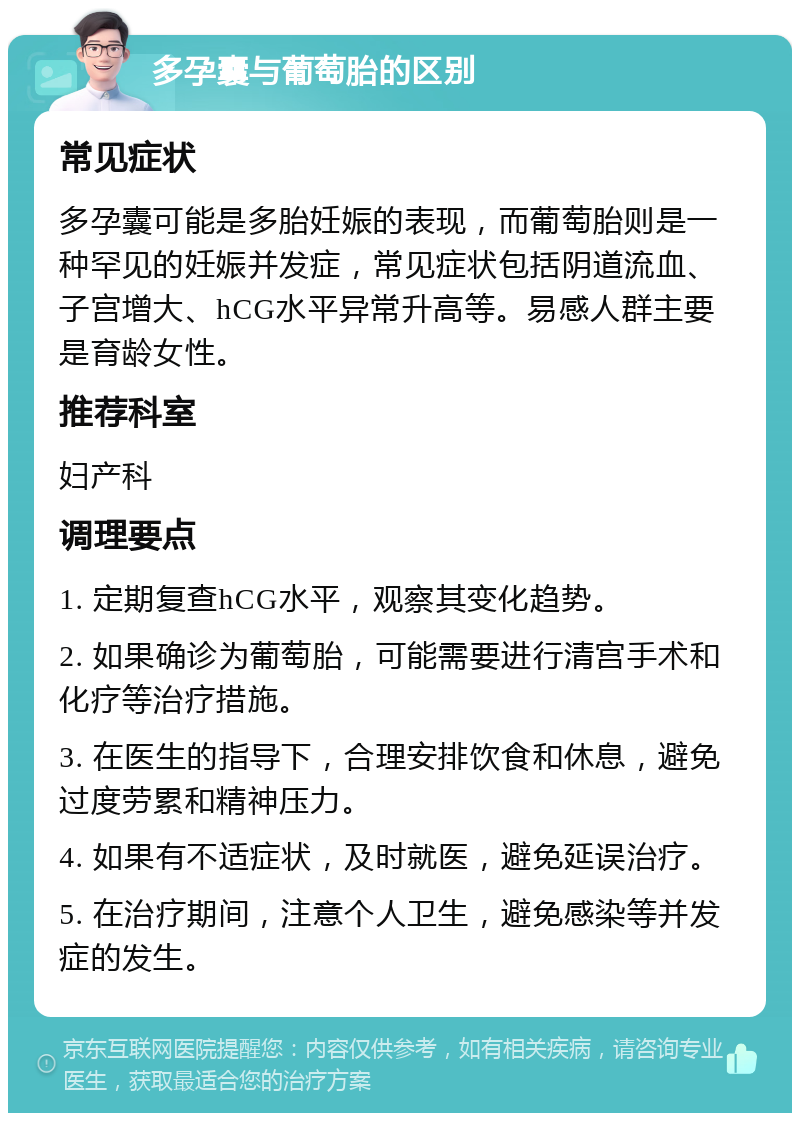 多孕囊与葡萄胎的区别 常见症状 多孕囊可能是多胎妊娠的表现，而葡萄胎则是一种罕见的妊娠并发症，常见症状包括阴道流血、子宫增大、hCG水平异常升高等。易感人群主要是育龄女性。 推荐科室 妇产科 调理要点 1. 定期复查hCG水平，观察其变化趋势。 2. 如果确诊为葡萄胎，可能需要进行清宫手术和化疗等治疗措施。 3. 在医生的指导下，合理安排饮食和休息，避免过度劳累和精神压力。 4. 如果有不适症状，及时就医，避免延误治疗。 5. 在治疗期间，注意个人卫生，避免感染等并发症的发生。