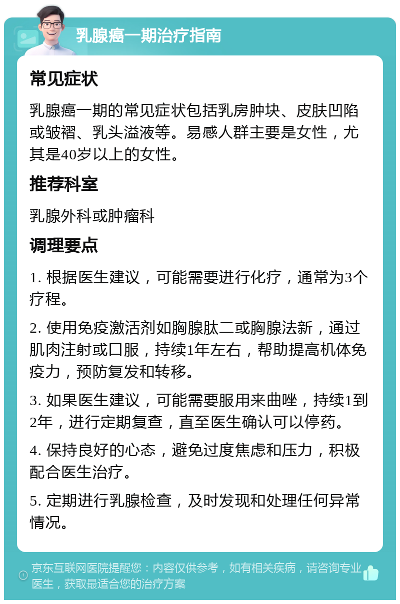 乳腺癌一期治疗指南 常见症状 乳腺癌一期的常见症状包括乳房肿块、皮肤凹陷或皱褶、乳头溢液等。易感人群主要是女性，尤其是40岁以上的女性。 推荐科室 乳腺外科或肿瘤科 调理要点 1. 根据医生建议，可能需要进行化疗，通常为3个疗程。 2. 使用免疫激活剂如胸腺肽二或胸腺法新，通过肌肉注射或口服，持续1年左右，帮助提高机体免疫力，预防复发和转移。 3. 如果医生建议，可能需要服用来曲唑，持续1到2年，进行定期复查，直至医生确认可以停药。 4. 保持良好的心态，避免过度焦虑和压力，积极配合医生治疗。 5. 定期进行乳腺检查，及时发现和处理任何异常情况。