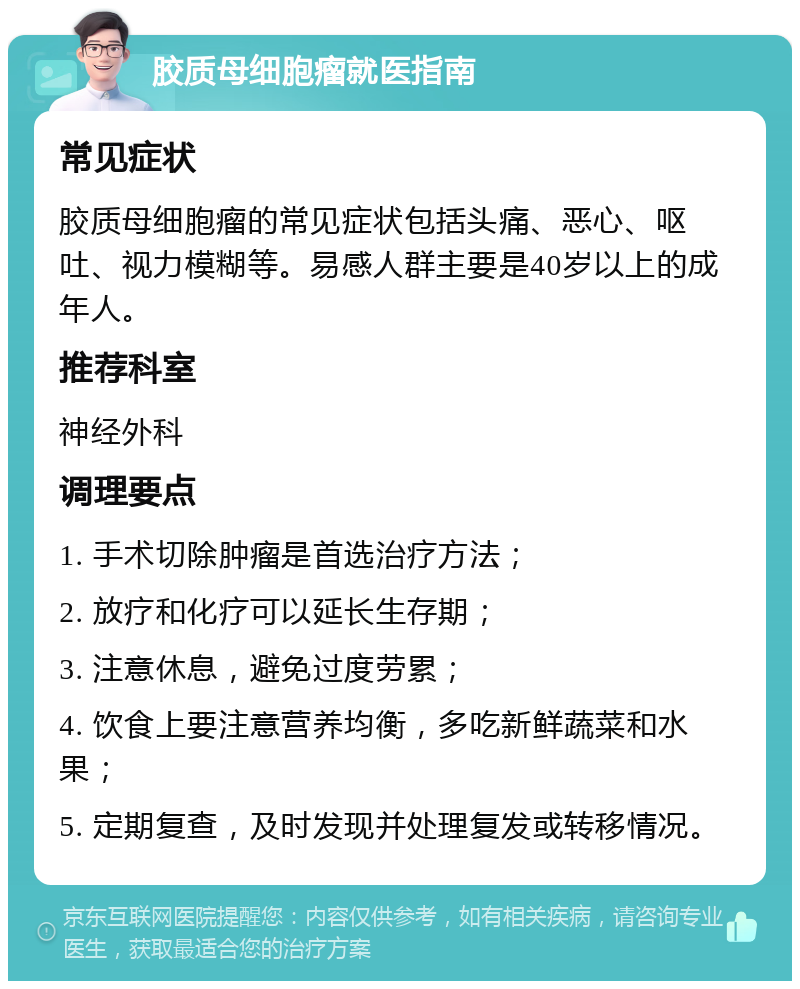 胶质母细胞瘤就医指南 常见症状 胶质母细胞瘤的常见症状包括头痛、恶心、呕吐、视力模糊等。易感人群主要是40岁以上的成年人。 推荐科室 神经外科 调理要点 1. 手术切除肿瘤是首选治疗方法； 2. 放疗和化疗可以延长生存期； 3. 注意休息，避免过度劳累； 4. 饮食上要注意营养均衡，多吃新鲜蔬菜和水果； 5. 定期复查，及时发现并处理复发或转移情况。