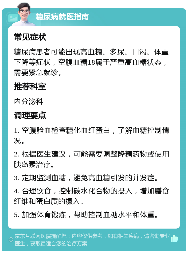 糖尿病就医指南 常见症状 糖尿病患者可能出现高血糖、多尿、口渴、体重下降等症状，空腹血糖18属于严重高血糖状态，需要紧急就诊。 推荐科室 内分泌科 调理要点 1. 空腹验血检查糖化血红蛋白，了解血糖控制情况。 2. 根据医生建议，可能需要调整降糖药物或使用胰岛素治疗。 3. 定期监测血糖，避免高血糖引发的并发症。 4. 合理饮食，控制碳水化合物的摄入，增加膳食纤维和蛋白质的摄入。 5. 加强体育锻炼，帮助控制血糖水平和体重。