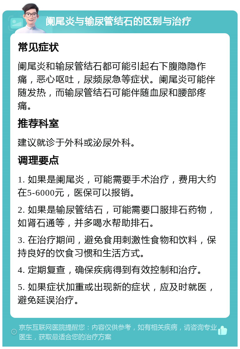 阑尾炎与输尿管结石的区别与治疗 常见症状 阑尾炎和输尿管结石都可能引起右下腹隐隐作痛，恶心呕吐，尿频尿急等症状。阑尾炎可能伴随发热，而输尿管结石可能伴随血尿和腰部疼痛。 推荐科室 建议就诊于外科或泌尿外科。 调理要点 1. 如果是阑尾炎，可能需要手术治疗，费用大约在5-6000元，医保可以报销。 2. 如果是输尿管结石，可能需要口服排石药物，如肾石通等，并多喝水帮助排石。 3. 在治疗期间，避免食用刺激性食物和饮料，保持良好的饮食习惯和生活方式。 4. 定期复查，确保疾病得到有效控制和治疗。 5. 如果症状加重或出现新的症状，应及时就医，避免延误治疗。