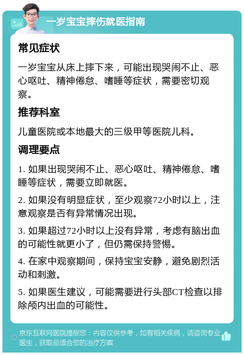 一岁宝宝摔伤就医指南 常见症状 一岁宝宝从床上摔下来，可能出现哭闹不止、恶心呕吐、精神倦怠、嗜睡等症状，需要密切观察。 推荐科室 儿童医院或本地最大的三级甲等医院儿科。 调理要点 1. 如果出现哭闹不止、恶心呕吐、精神倦怠、嗜睡等症状，需要立即就医。 2. 如果没有明显症状，至少观察72小时以上，注意观察是否有异常情况出现。 3. 如果超过72小时以上没有异常，考虑有脑出血的可能性就更小了，但仍需保持警惕。 4. 在家中观察期间，保持宝宝安静，避免剧烈活动和刺激。 5. 如果医生建议，可能需要进行头部CT检查以排除颅内出血的可能性。